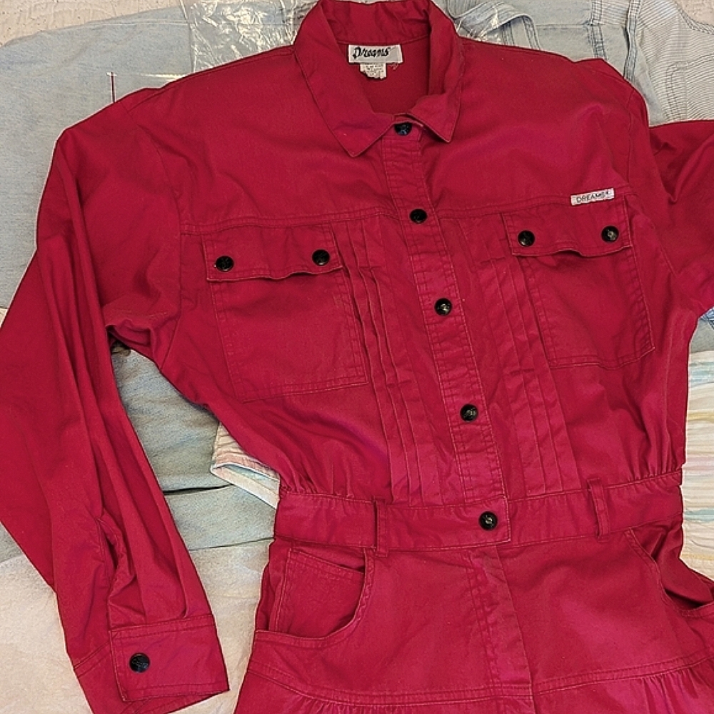 Vintage Dark Pink Boiler Suit Jumpsuit Coverall Long Dress Snaps Pockets Med/Lg